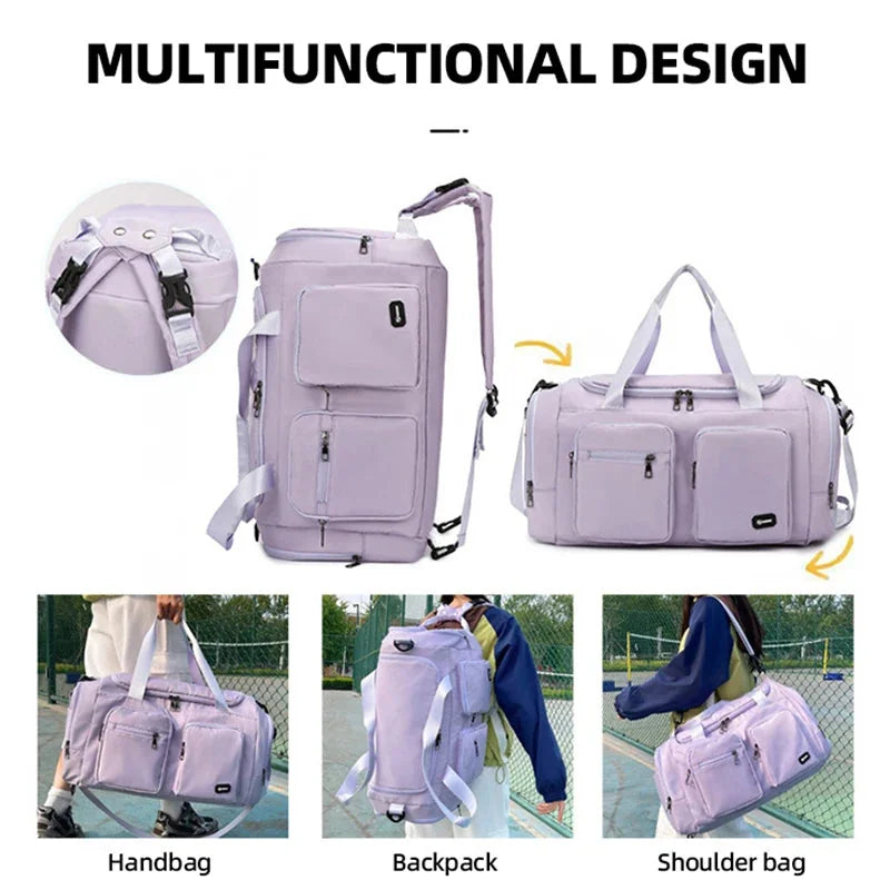 Gym Sports Fitness Travel hand Bag showcasing multifunctional design as a handbag, backpack, and shoulder bag.