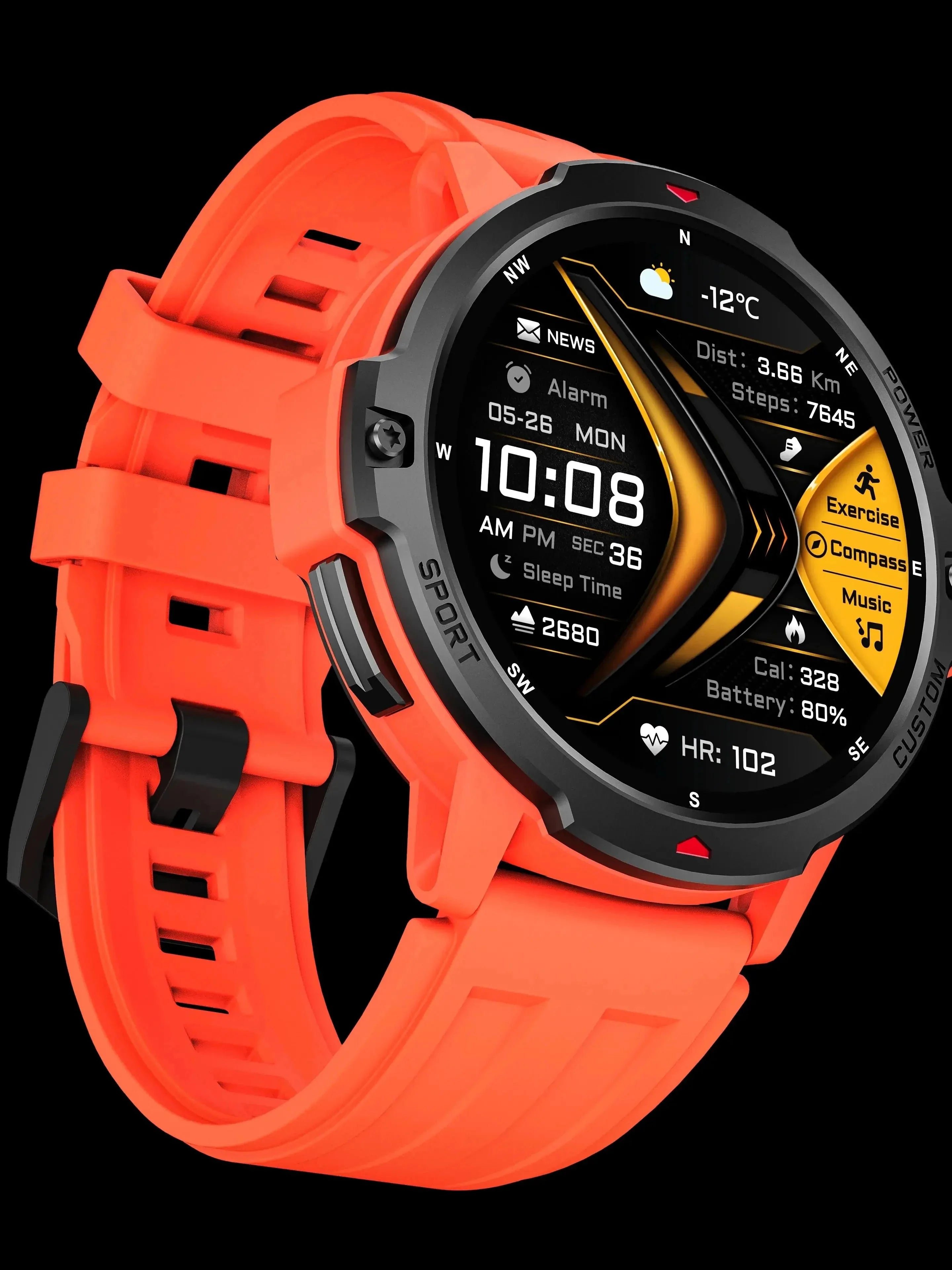 Smart Watch NFC GPS Fitness Tracker with orange silicone strap and customizable watch face displaying fitness metrics.