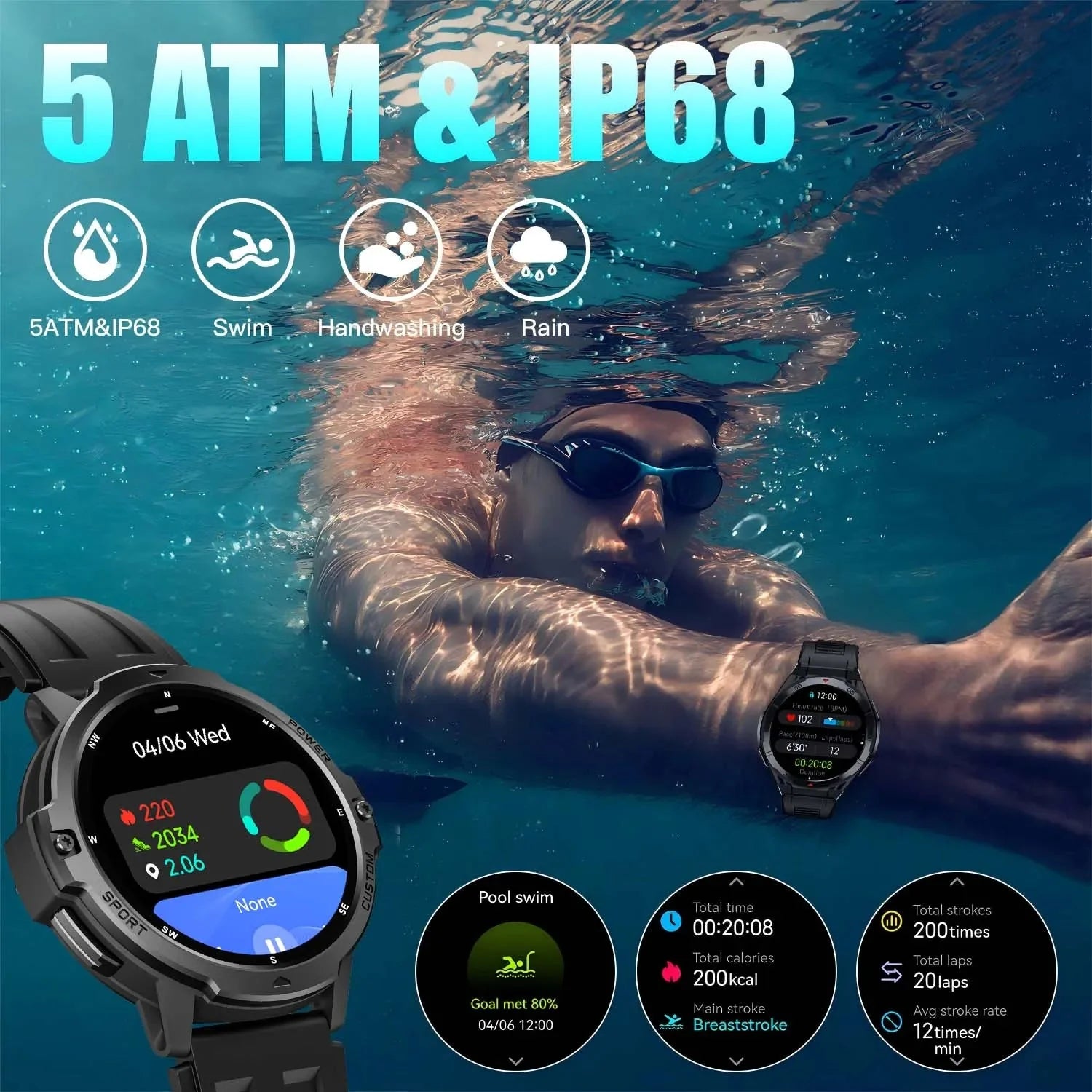 Smart Watch NFC GPS Fitness Tracker showcasing its waterproof features while a swimmer uses its fitness tracking. 5 ATM & IP68.