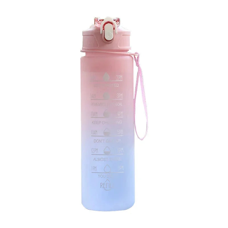 750ML Sports Water Bottle with time marker and leak-proof design in pink gradient color.
