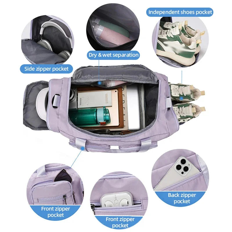 Gym Sports Fitness Travel hand Bag in a light purple color with multiple pockets, perfect for outdoor adventures.