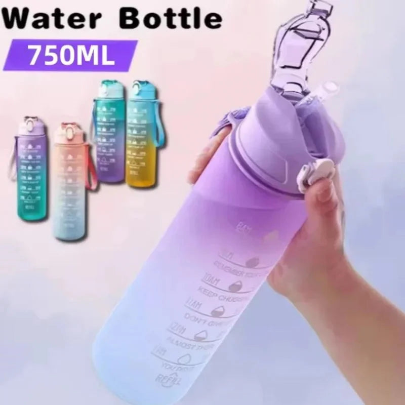 750ML Sports Water Bottle with time marker and gradient design in hand, featuring leak-proof cap.