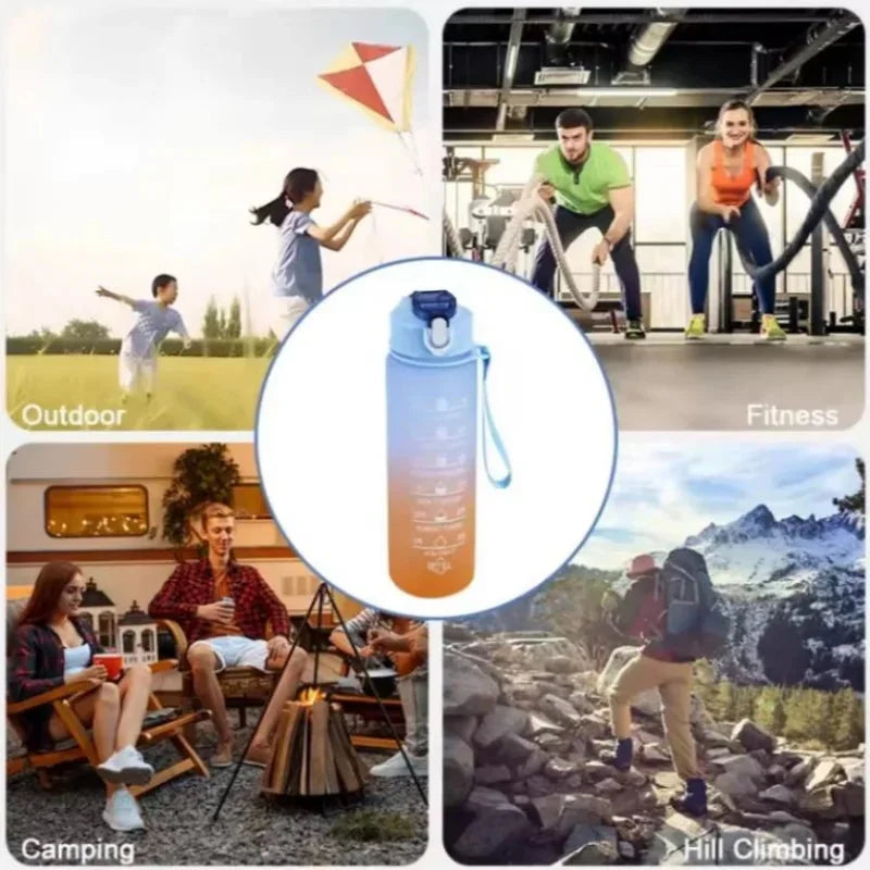 750ML Sports Water Bottle with motivational time marker for outdoor, fitness, camping, and hill climbing activities.