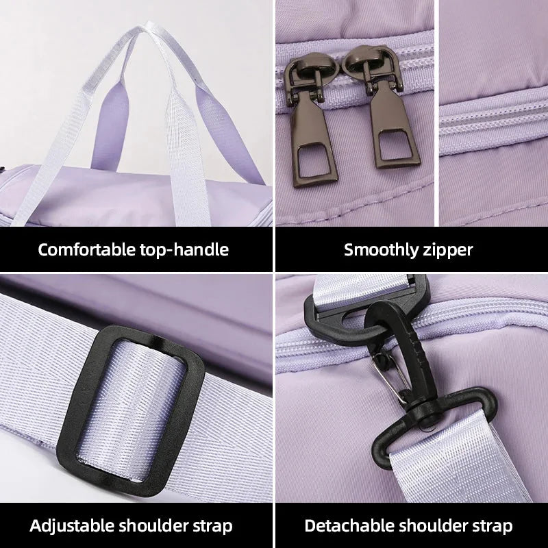 Gym Sports Fitness Travel hand Bag in a light purple color with multiple pockets, perfect for outdoor adventures.