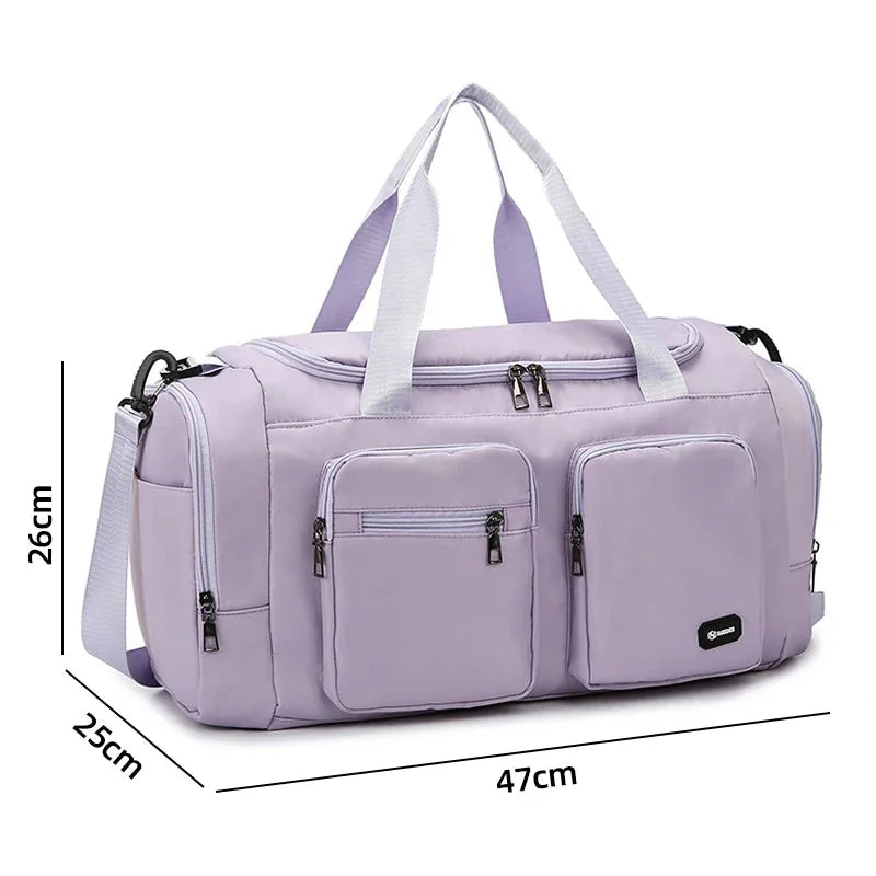 Gym Sports Fitness Travel hand Bag in a light purple color with multiple pockets, perfect for outdoor adventures.