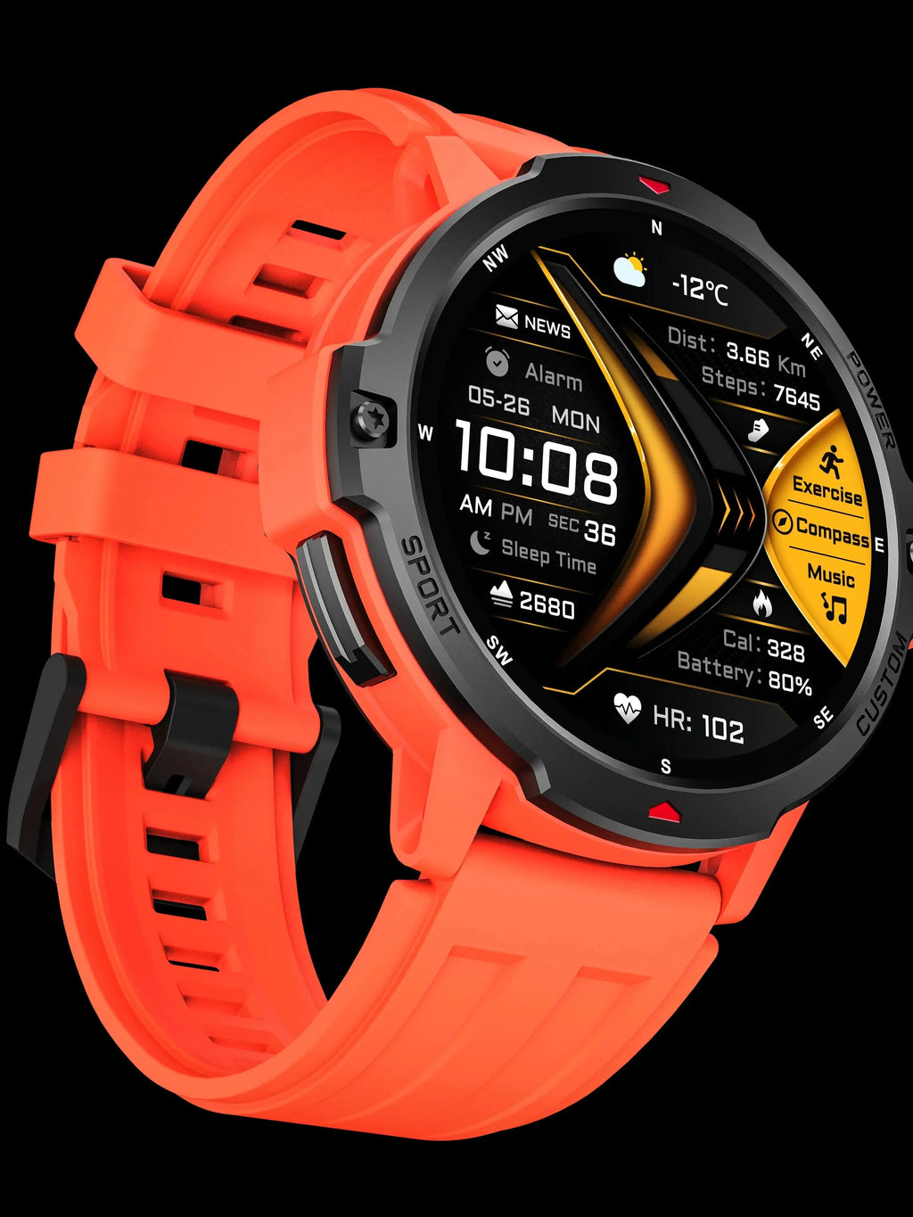 Smart Watch NFC GPS Fitness Tracker displaying fitness stats and features on a vibrant orange design.