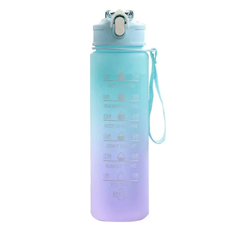 750ML Sports Water Bottle with time marker in gradient blue and purple design for hydration.