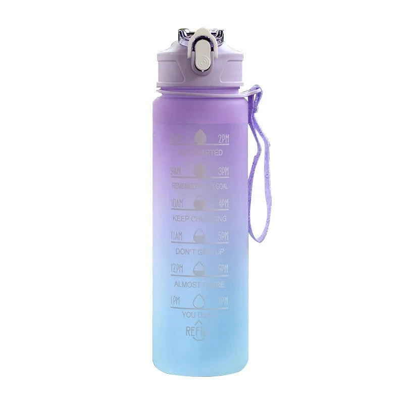 750ML Sports Water Bottle with time marker and purple gradient design for hydration and fitness.
