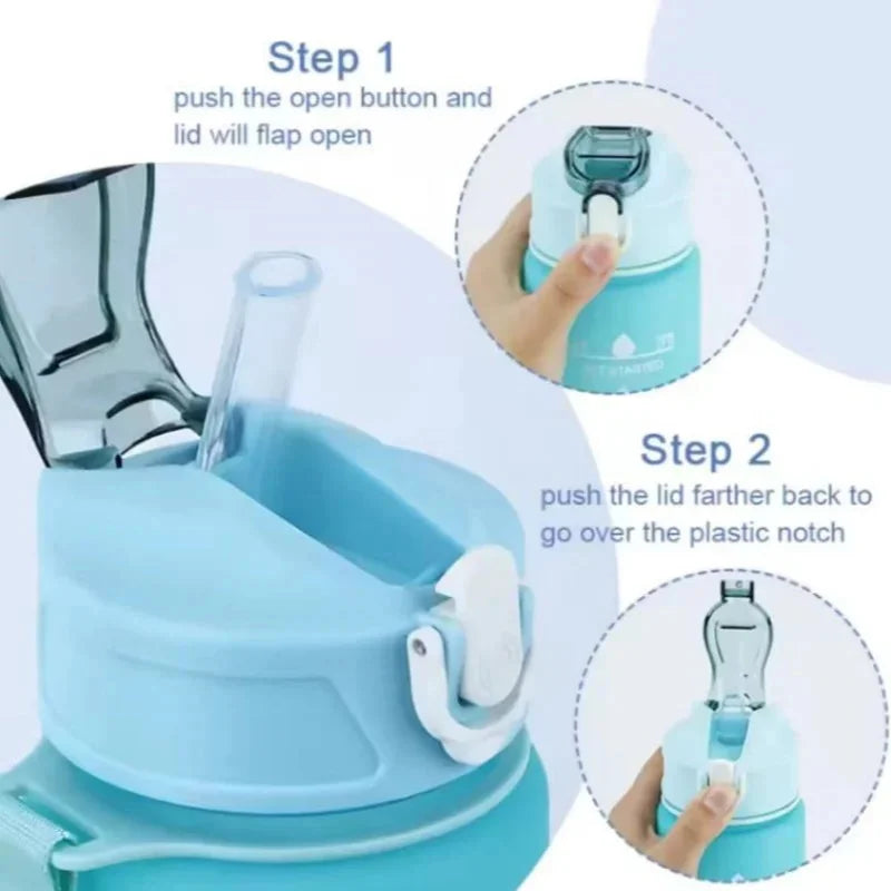 Instructions for using the 750ML Sports Water Bottle with time marker and leak-proof design.
