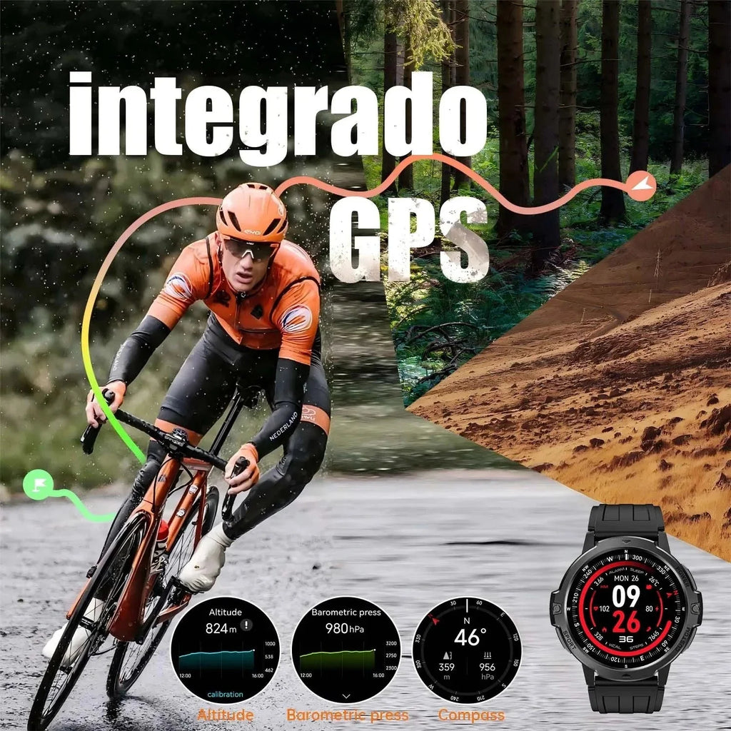 Smart Watch NFC GPS Fitness Tracker showcasing integrated GPS features, fitness tracking, and cycling performance.