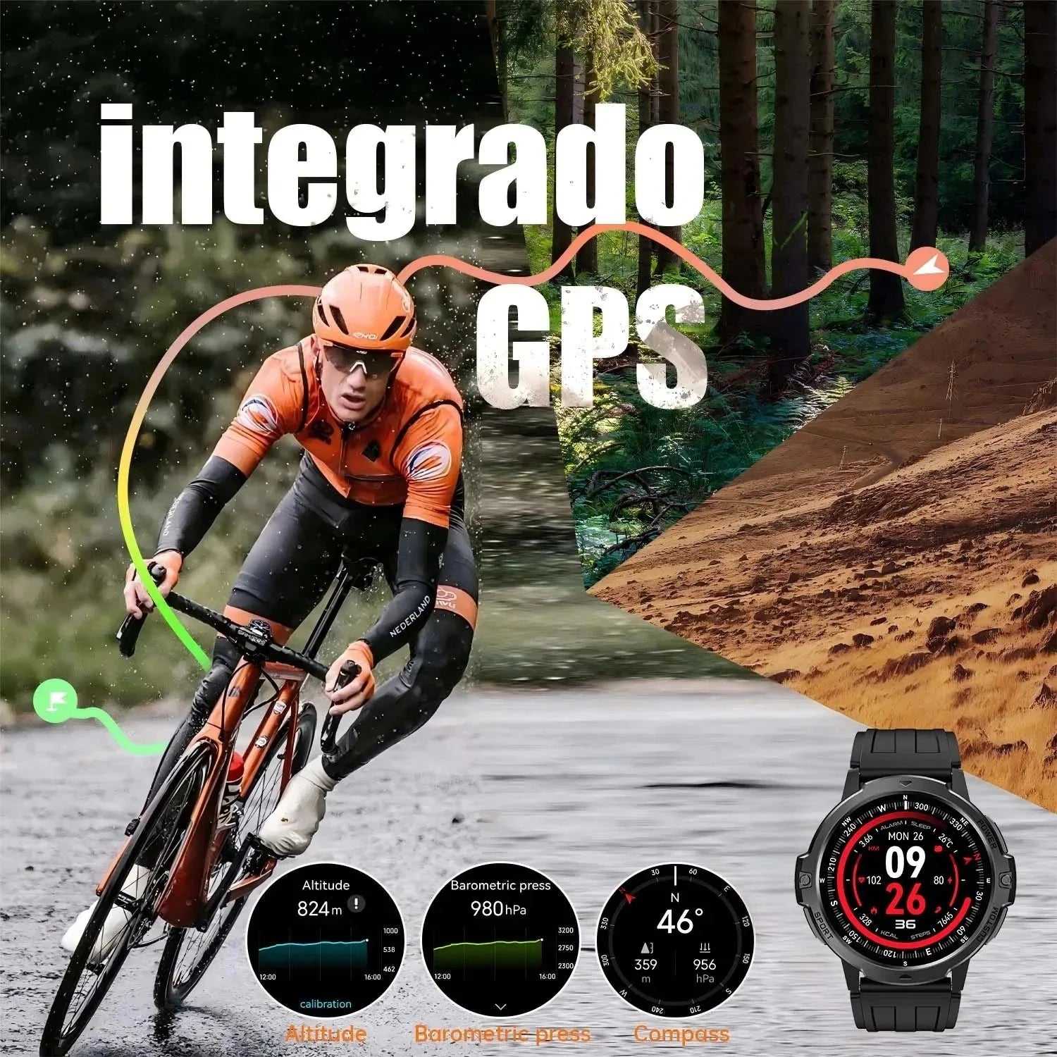 Smart Watch NFC GPS Fitness Tracker showcasing integrated GPS features, fitness tracking, and cycling performance.