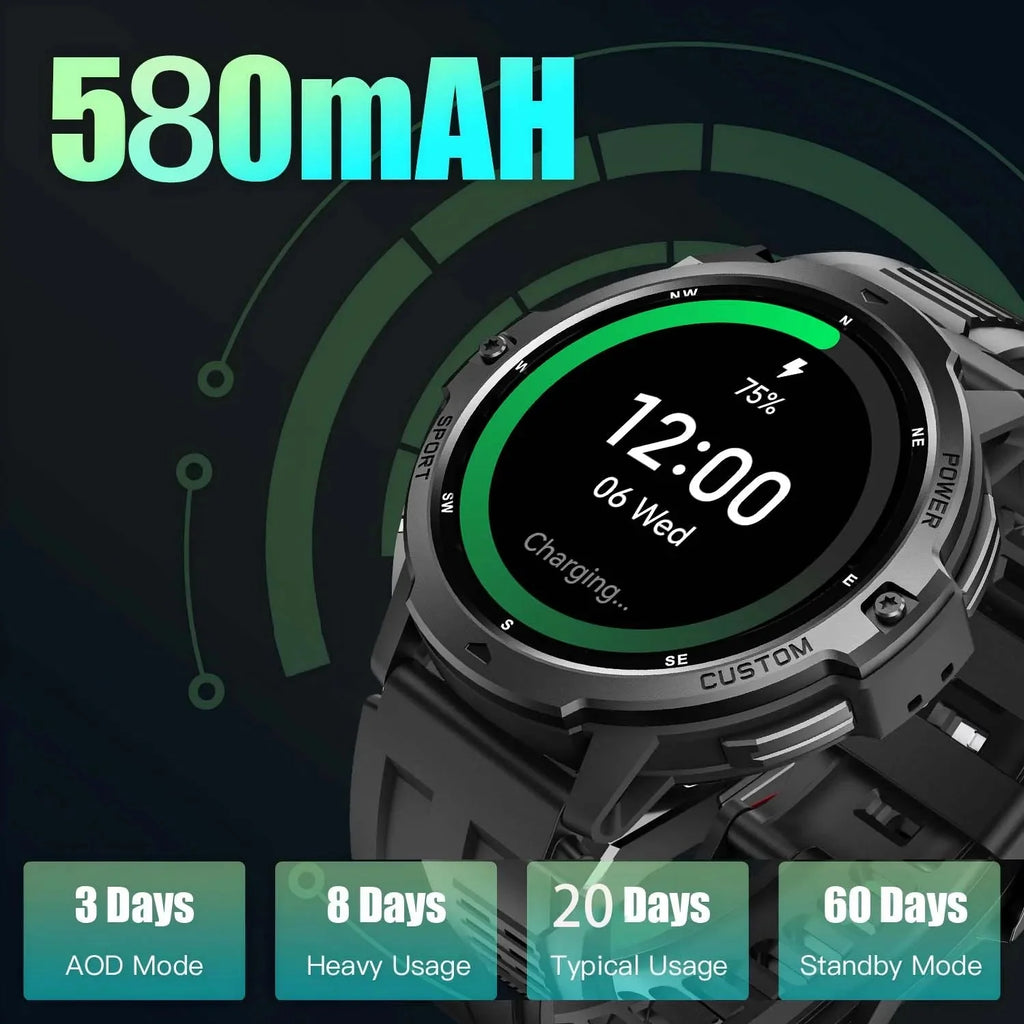 Smart Watch NFC GPS Fitness Tracker display showing charging status and battery life indicators for different usage modes.
