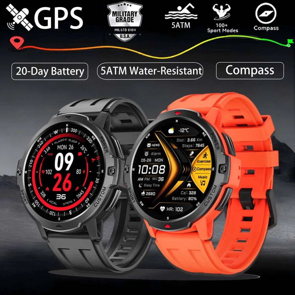 Smart Watch NFC GPS Fitness Tracker showcasing waterproof design, dual-color bands, and fitness features.