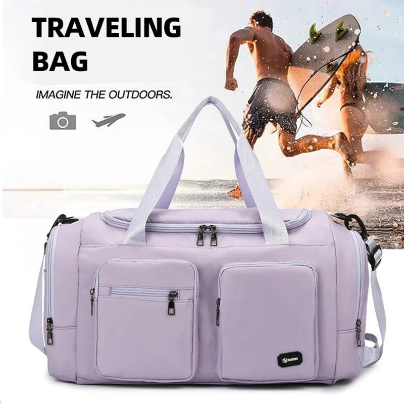 Gym Sports Fitness Travel hand Bag in a light purple color with multiple pockets, perfect for outdoor adventures.